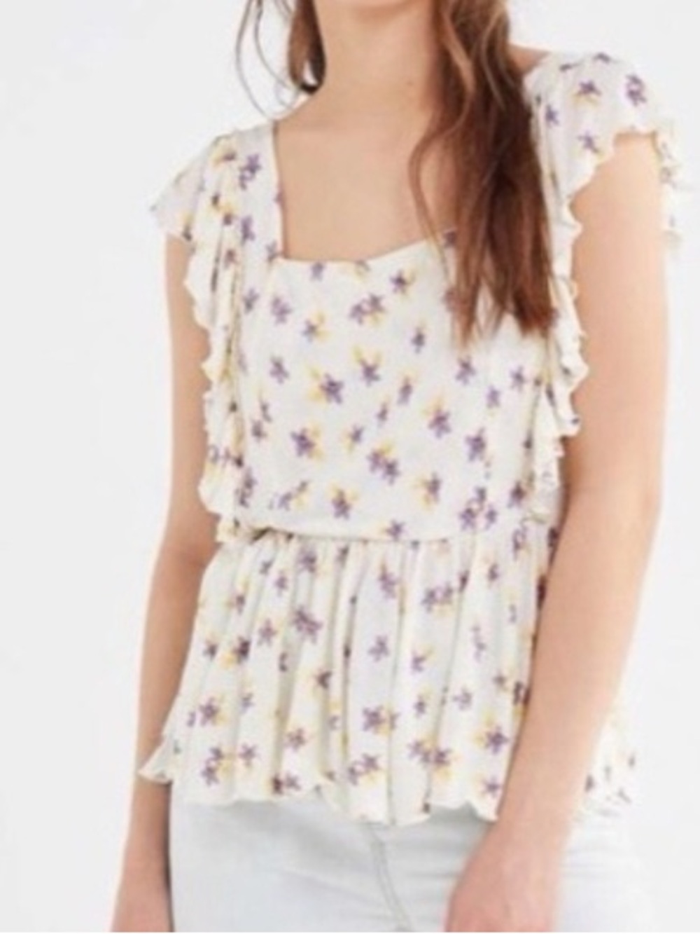 Urban Outfitters Cream Floral Ruffle Peplum Top with Purple & Yellow Flowers